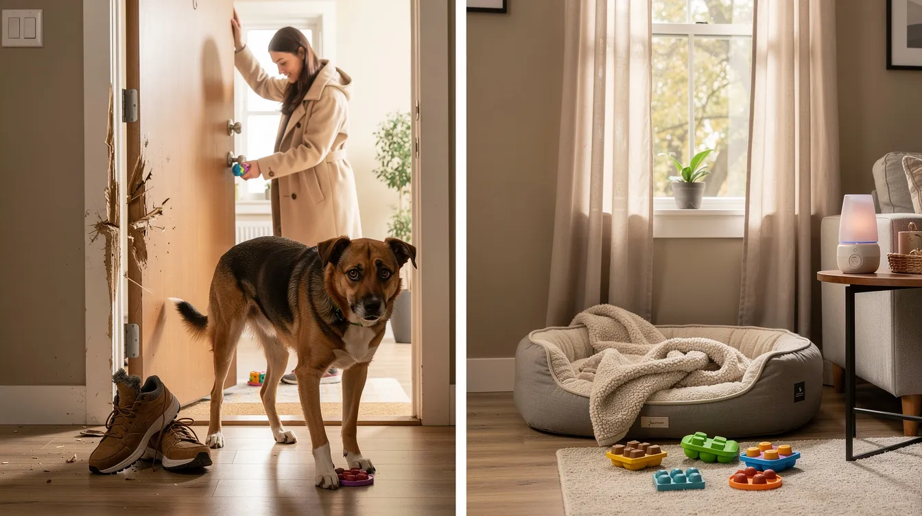 The image depicts a concerned dog displaying signs of separation anxiety, such as excessive barking and anxious behaviors, while its owner prepares to leave the house. The dog's body language, including a lowered head and a tense posture, illustrates the distress commonly associated with separation anxiety in dogs.