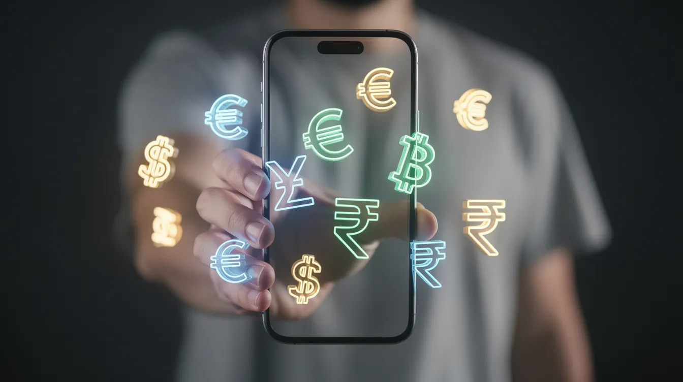 The image depicts a person holding a smartphone, surrounded by various international currency symbols, representing the concept of global payments and international transactions. This visual highlights the ease of managing multiple currencies and the importance of digital payment services like Wise and Payoneer for receiving payments across borders.