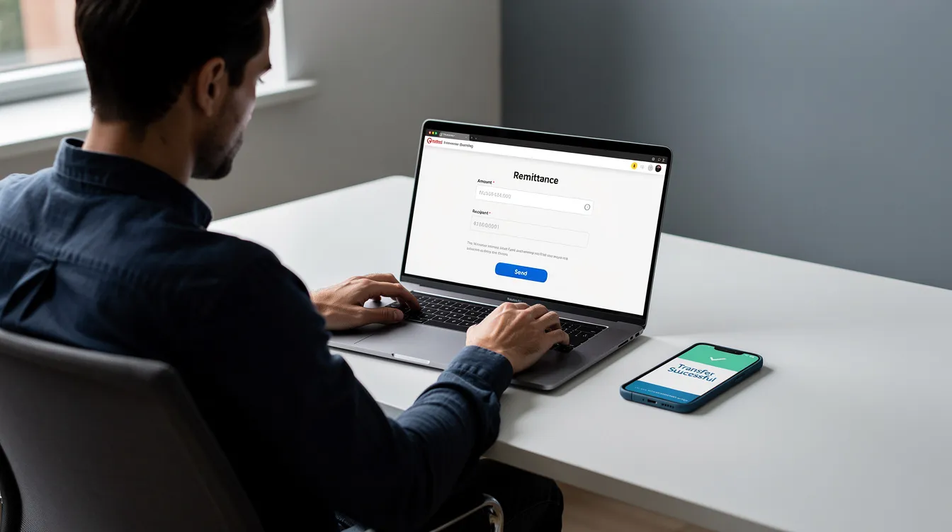 A person is seated at a desk, using a laptop to send an international remittance, while a smartphone nearby displays a confirmation notification. This scene illustrates the convenience of mobile money services and digital payments, highlighting the role of mobile wallets in facilitating secure transactions for users in Ghana and beyond.