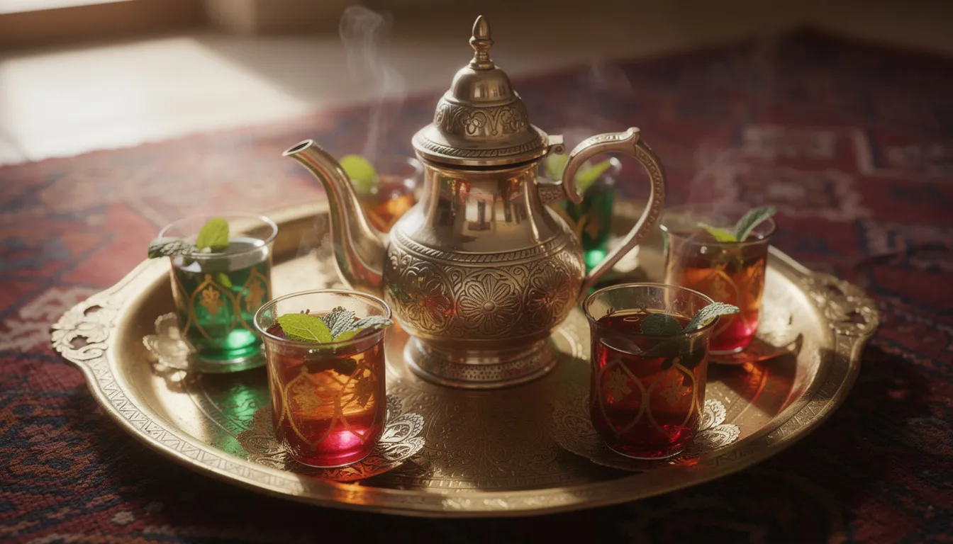 The image depicts a traditional Moroccan tea service featuring an ornate silver teapot and delicate glasses arranged on a decorative brass tray, embodying the rich culture of Marrakech. This elegant setup reflects the hospitality often associated with the city, where visitors can enjoy tea while learning about the seven saints of Marrakech and their significance in Moroccan heritage.