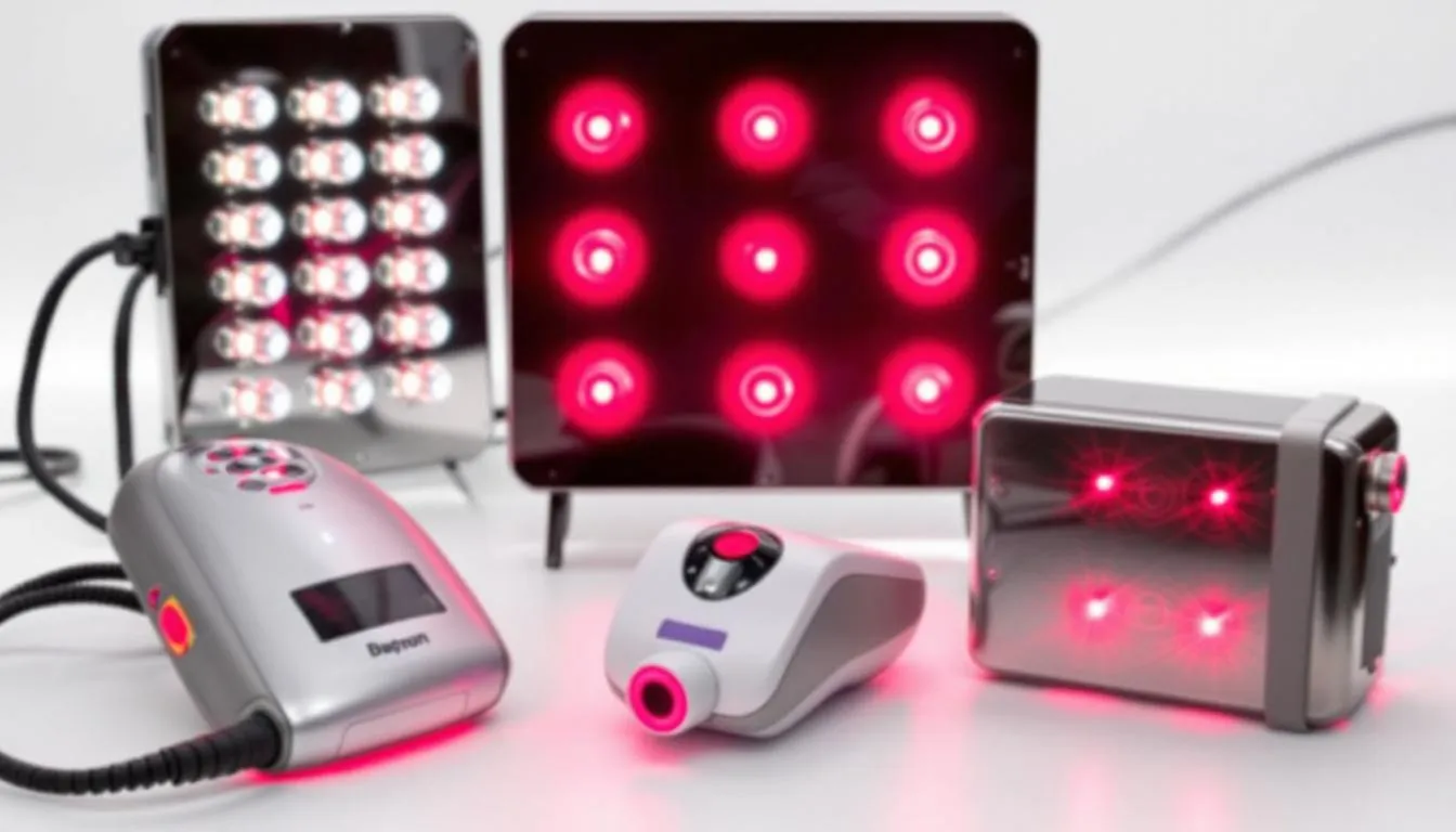 The image showcases a variety of red light therapy devices designed for knee treatment, including LED panels and laser units, which are used to alleviate knee pain and reduce inflammation. These devices are part of a growing trend in pain relief therapies, offering options for those seeking joint health and recovery from conditions like chronic knee pain and arthritis.