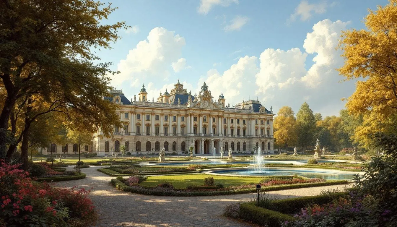 Ein barocker Palast mit einem weitläufigen Garten und einer romantischen Parkanlage, ideal für Hochzeiten und Trauungen in Frankfurt am Main. Die prächtigen Blumenbeete und die eleganten Wege laden Paare ein, besondere Momente in dieser malerischen Kulisse zu erleben.