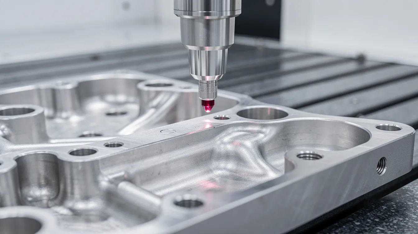 The image shows a coordinate measuring machine probe delicately contacting a precision metal aerospace component during inspection, highlighting the critical role of CNC machining in ensuring tight tolerances and structural integrity for aerospace applications. This process is essential for aerospace manufacturers to maintain high standards in the production of complex geometries and ultra precision aerospace components.