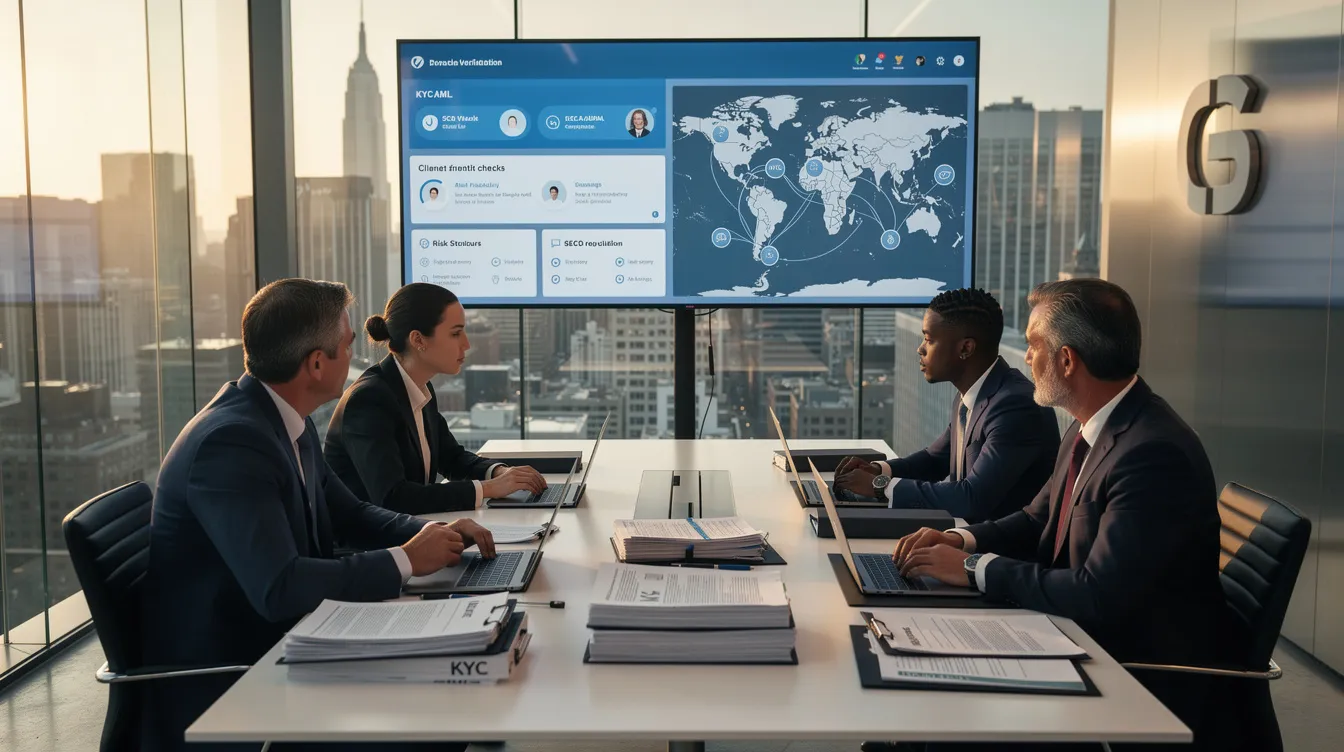 The image depicts a sophisticated legal-finance compliance scene in a sleek modern office, where transactional attorneys are advising a private credit fund. The atmosphere is professional and strategic, featuring compliance documents, KYC/AML verification screens, and international finance maps, emphasizing the regulatory guidance essential for private fund investments and credit transactions.