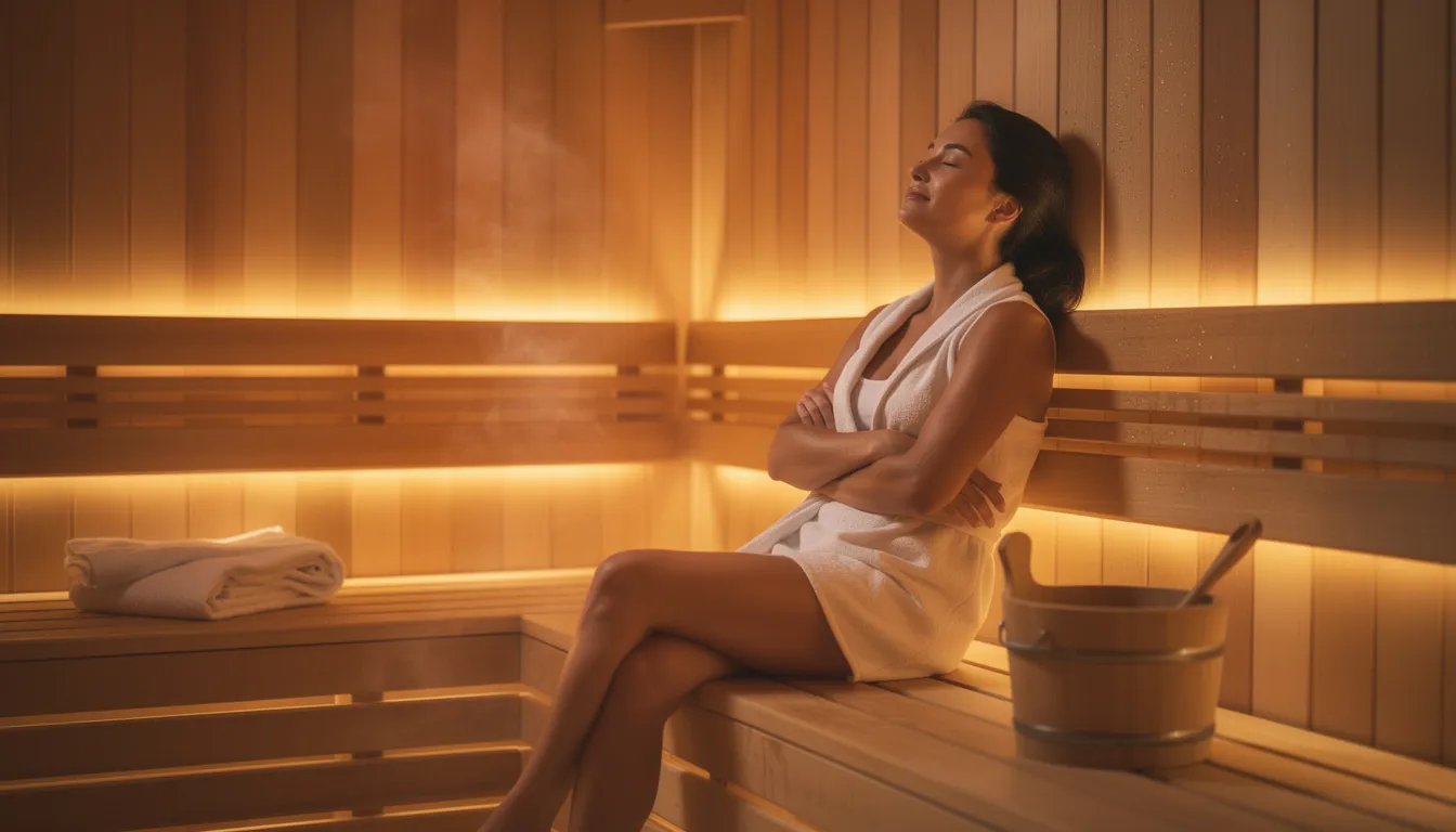 A woman is peacefully relaxing inside an infrared sauna, surrounded by warm ambient lighting, with her eyes closed in meditation. This serene environment promotes relaxation benefits and supports hormonal health through infrared sauna therapy.