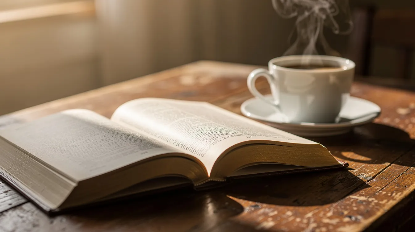 An open book lies on a wooden table next to a steaming cup of coffee, illuminated by soft morning light, inviting contemplation and reflection on the wisdom found within its pages, much like the questions Jesus asked that inspire curiosity and faith.