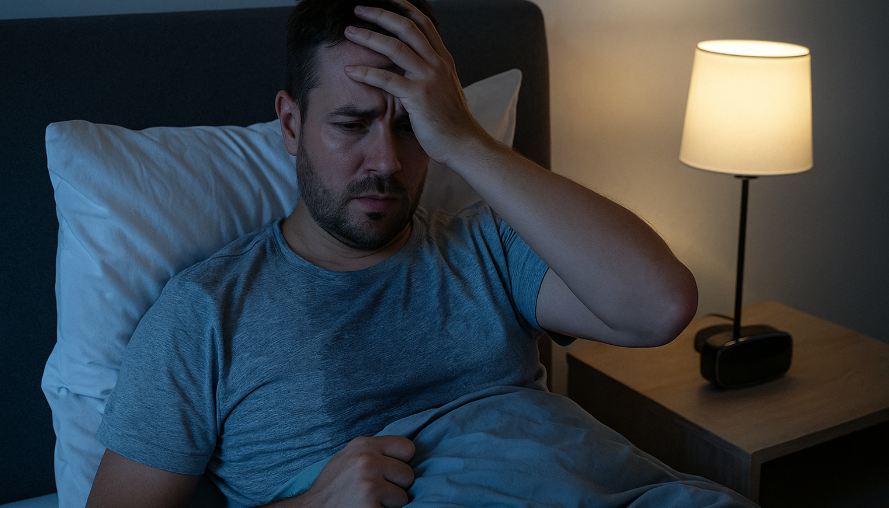  Mann våkner midt på natten med gjennomvåt skjorte av svette, ser urolig og holder hodet mens han sitter i sengen. nattesvette blant annet svette natten kvinner svetting økt kroppen behandling årsaker symptomer ofte sykdom skyldes symptom lege nattesvetten årsaken mer opplever unngå andre overgangsalder vanlig dersom bør underliggende flere mye ganger kroppens kvinne sengetøy kreft feber temperaturen hos grunn blant enkelte hjelpe tilstand stress infeksjoner alkohol tilfeller føre måte lett ulike varer tegn angst diabetes