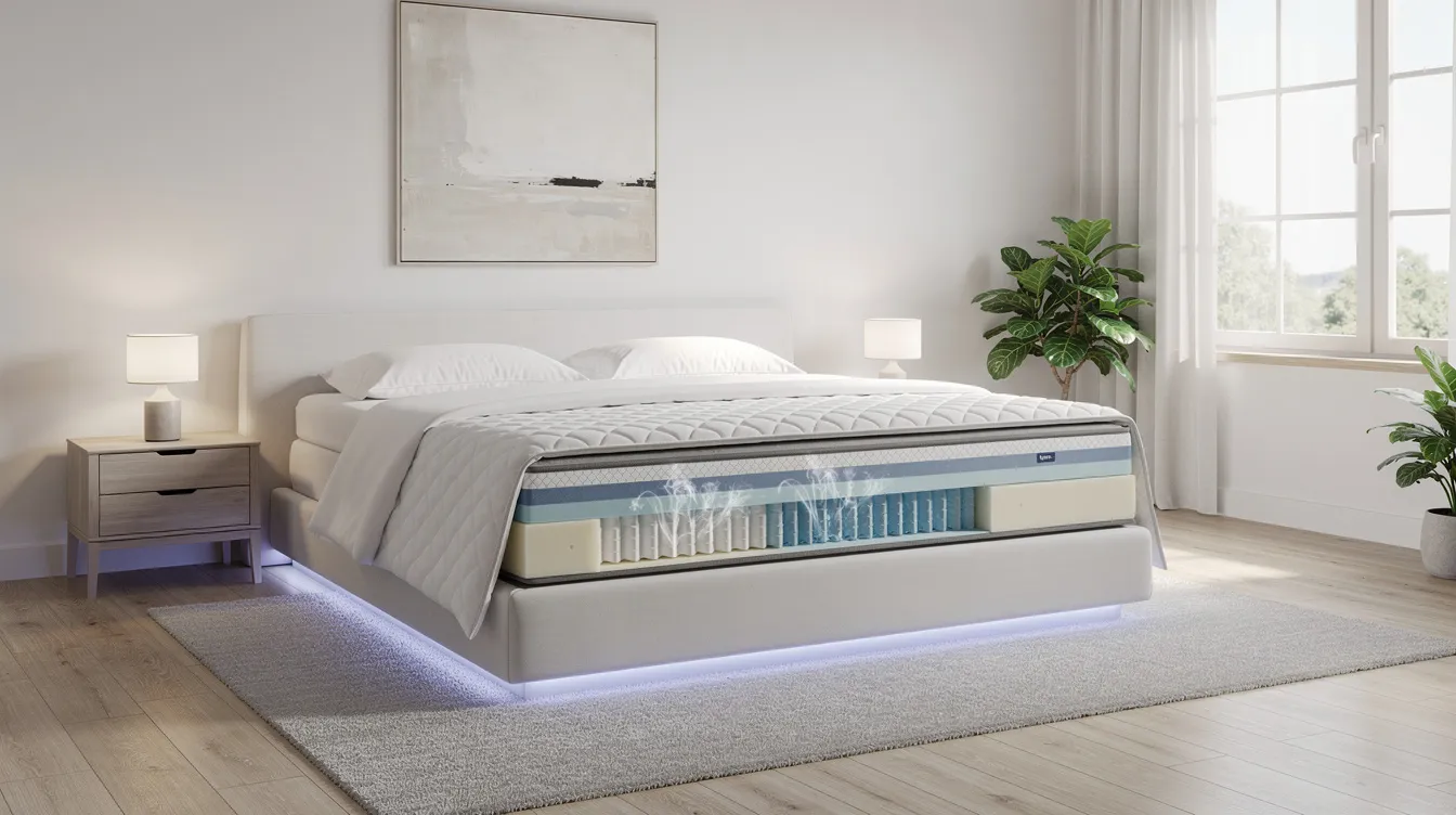 The image depicts a modern bedroom featuring a bed with visible layers of a cooling mattress topper designed for hot sleepers. This innovative sleep surface incorporates active bed cooling systems to help regulate body temperature, ensuring a restful sleep environment even in warm conditions.