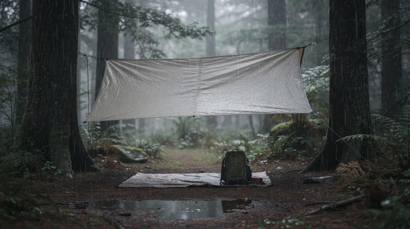 A heavy-duty waterproof tarp shelter is pitched securely between two trees, providing protection from the steady rain. The tarp, made from high-quality materials, showcases its durability and water resistance, effectively shielding the camping area from moisture and the damaging effects of the weather.