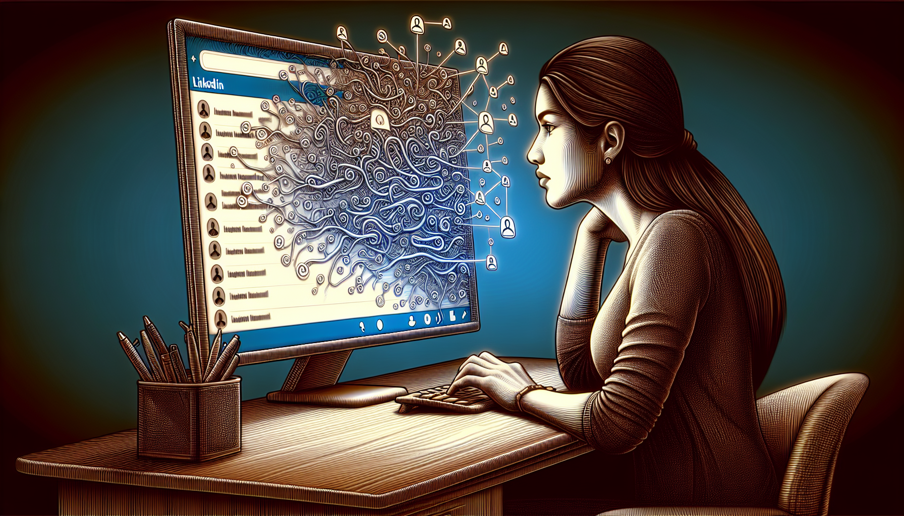 Illustration of a person reviewing their LinkedIn activity to prevent account restriction