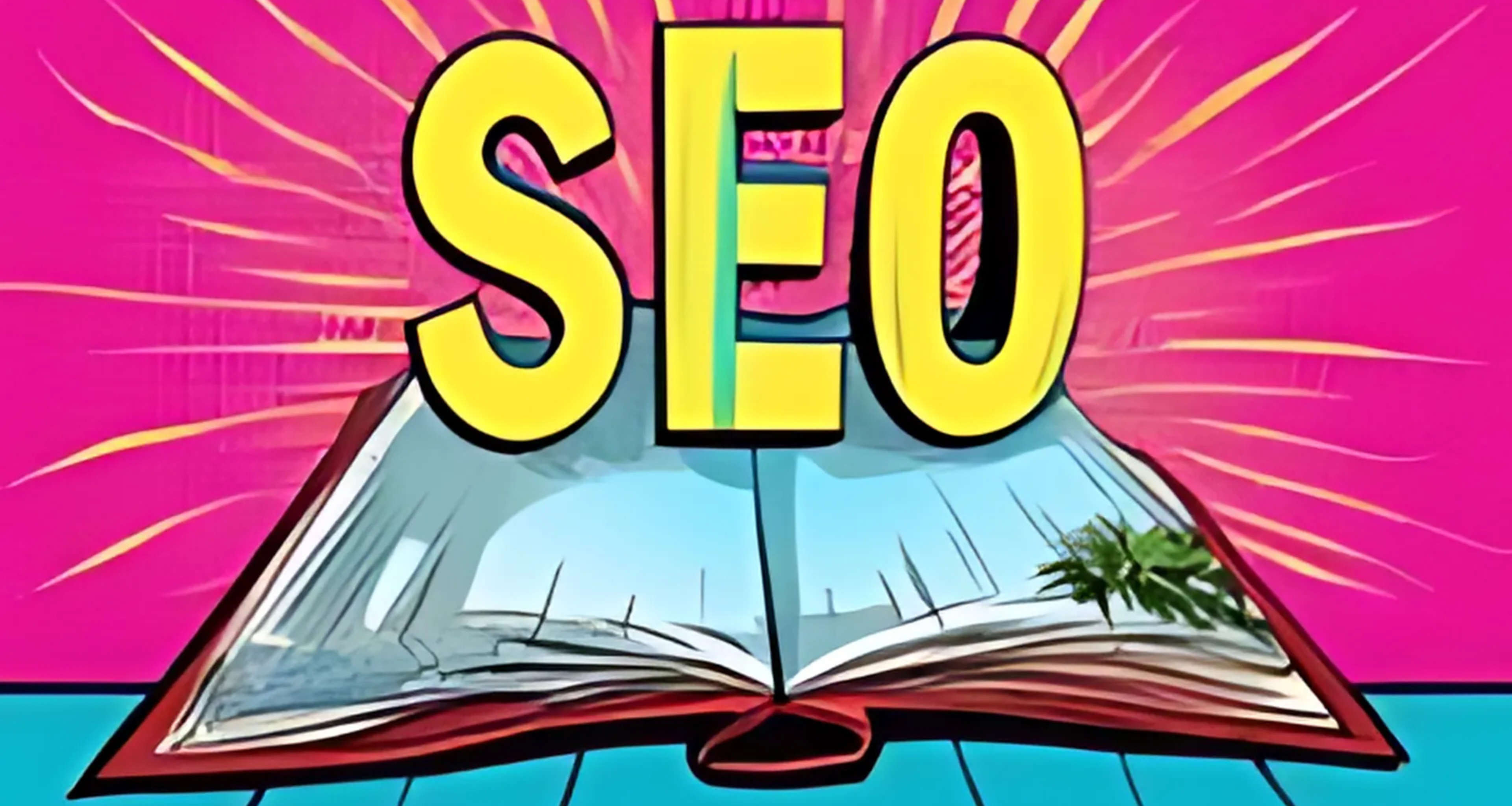 A bold comic-style image with SEO in large yellow letters above an open book, set against a bright pink background with radiant lines.