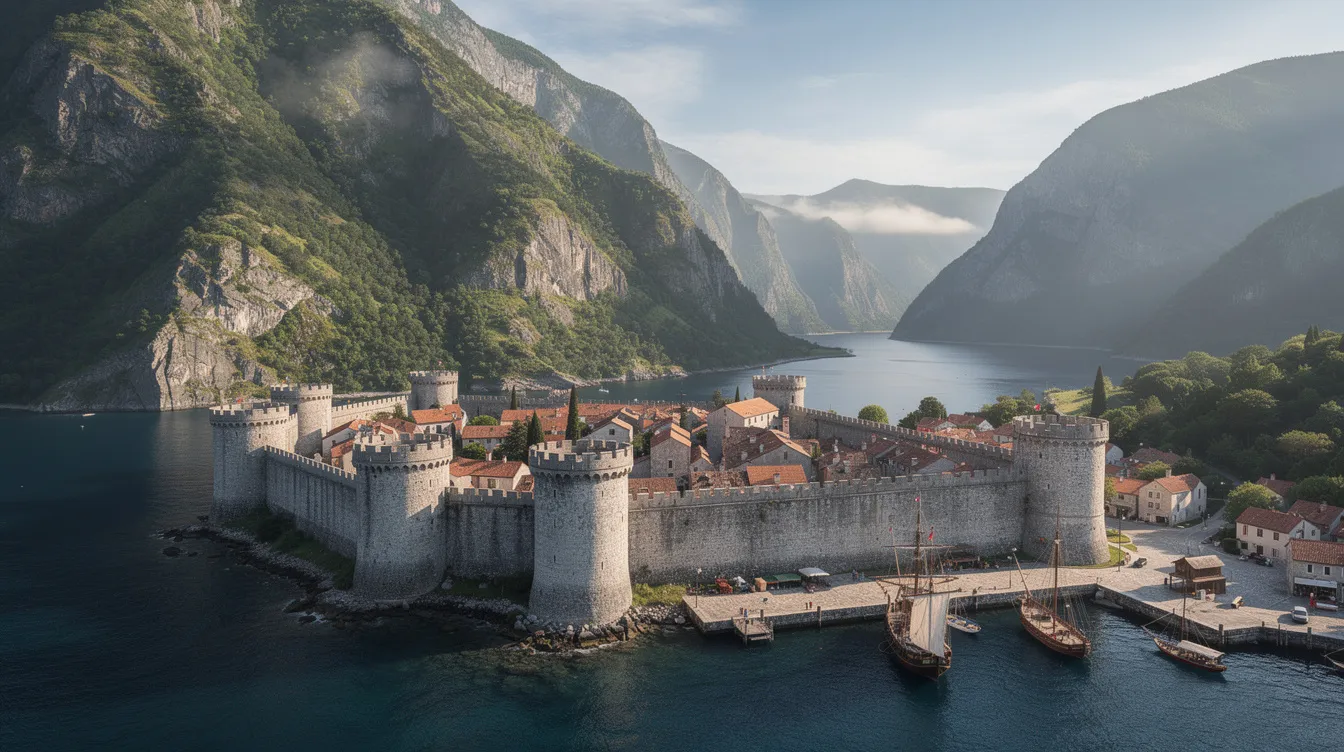 A imagem retrata uma cidade medieval murada, localizada ao lado de uma baía cercada por montanhas altas e verdes, evocando a rica história e cultura do Montenegro. As ruas estreitas e antigas da cidade contrastam com a beleza natural ao redor, criando um cenário encantador que atrai turistas e moradores.