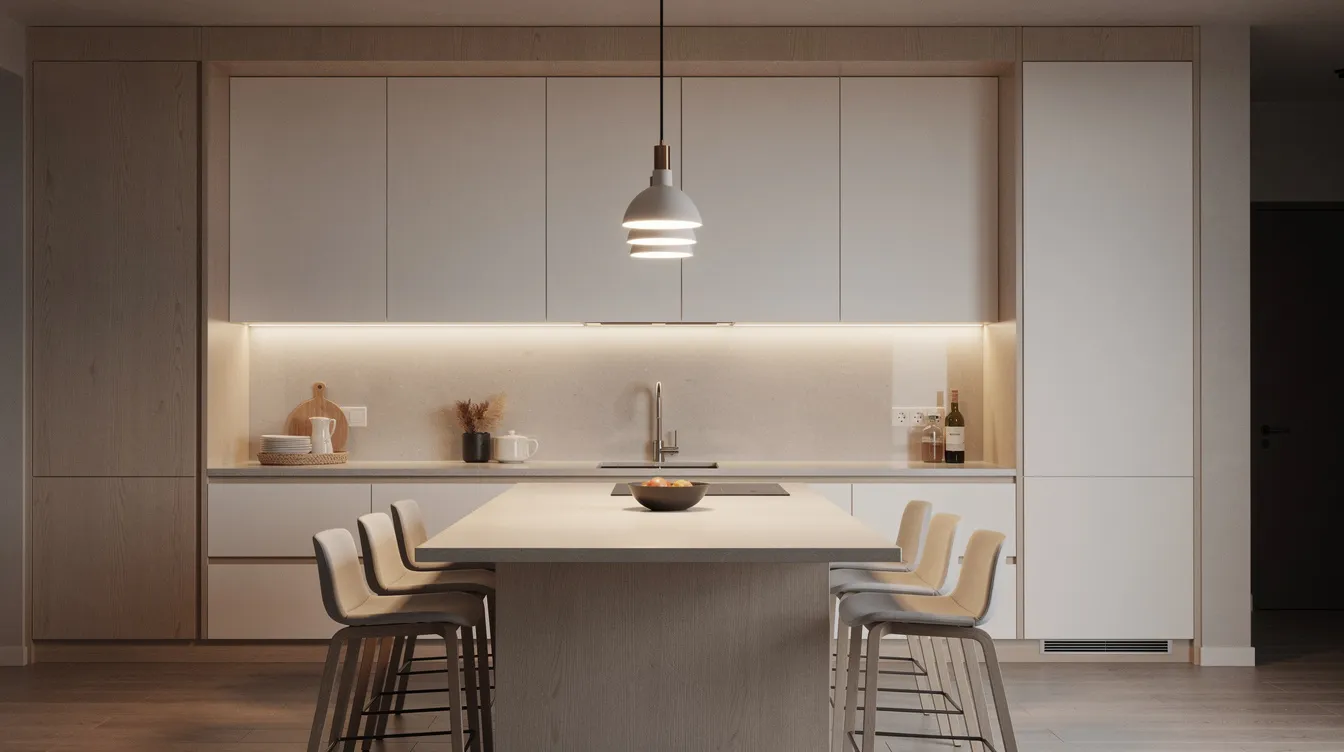 Köket är upplyst med varma LED-lister under överskåpen och en elegant pendellampa från Louis Poulsen hänger över köksön, vilket skapar en mysig och funktionell belysning i rummet. Den noggrant utvalda designen av lamporna bidrar till en inbjudande atmosfär i hemmet.