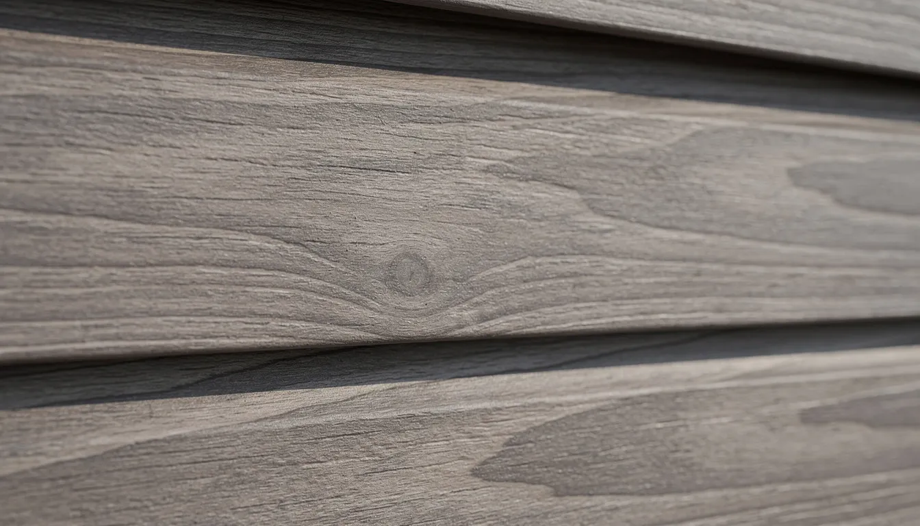 Close-up van kunststof gevelplanken met een realistische houtnerf structuur, die een warme uitstraling geven en ideaal zijn voor waterbestendige wandpanelen. Deze hoogwaardige wandpanelen zijn waterbestendig en speciaal ontwikkeld om bestand te zijn tegen verschillende weersomstandigheden.