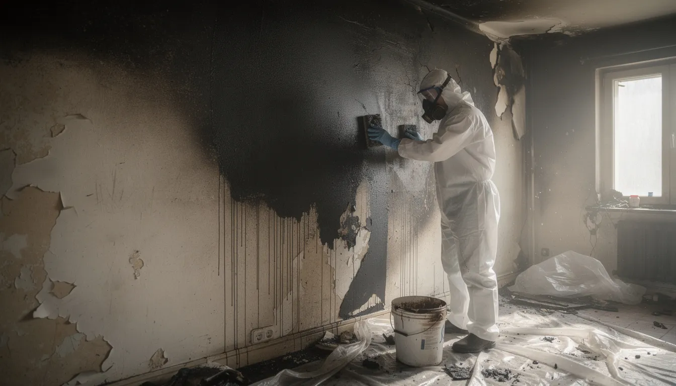 A technician in protective gear is actively removing soot from fire-damaged walls, showcasing the fire damage restoration process. This scene highlights the essential role of certified technicians in restoring properties affected by fire and smoke damage.