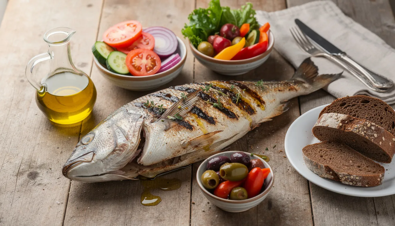 The image displays a vibrant Mediterranean-style meal featuring grilled fish, drizzled with olive oil, surrounded by an array of fresh vegetables and whole grain bread, promoting a balanced diet that supports healthy aging. This nutrient-dense meal is rich in omega-3 fatty acids, essential for brain health and cardiovascular health, making it ideal for older adults focused on maintaining good health.