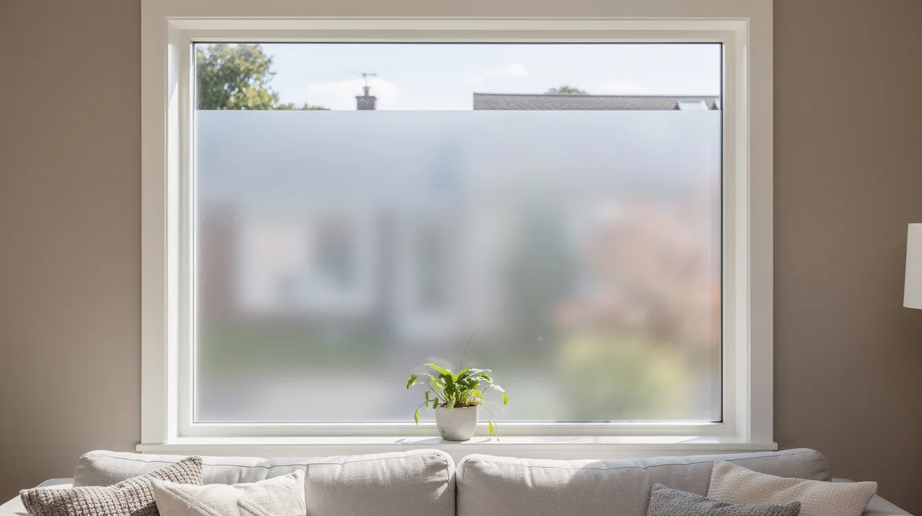 Residential window in a suburban home with a sleek privacy film installed.