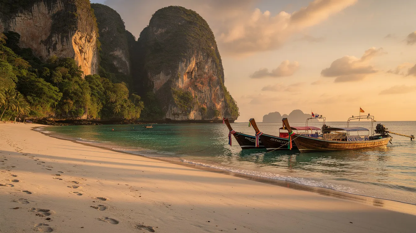 Imagem de Krabi, na Tailândia, mostrando suas deslumbrantes praias de areia branca e águas cristalinas, rodeadas por imponentes formações rochosas. A cena captura a tranquilidade do lugar, ideal para quem busca relaxar e aproveitar a vida noturna vibrante deste destino do sudeste asiático.