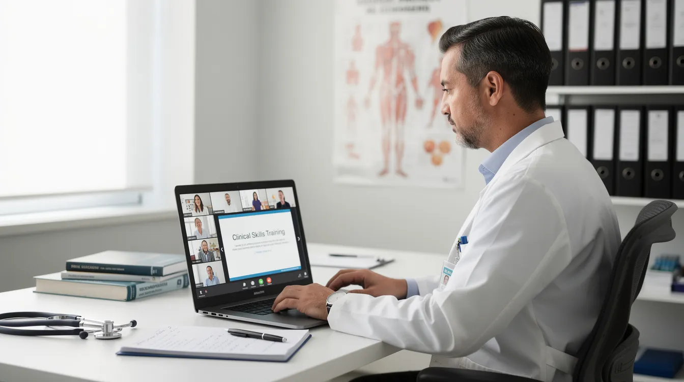 A clinician is focused on their laptop during an online training session, engaging in professional development through approved clinical courses that enhance their skills and knowledge in clinical supervision and continuing education. The setting suggests an interactive learning environment aimed at advancing their career and providing quality service.