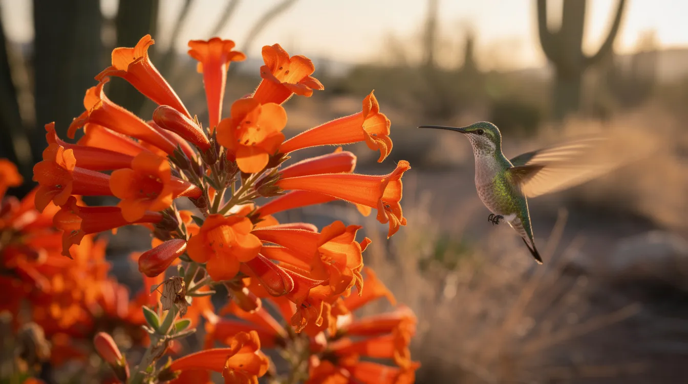 A close-up view of vibrant orange chuparosa flowers is captured, with a hummingbird hovering nearby, set against a backdrop of a desert garden that showcases native plants. This scene highlights the beauty and biodiversity of flowering plants, creating a wildlife habitat that supports pollinators like hummingbirds.