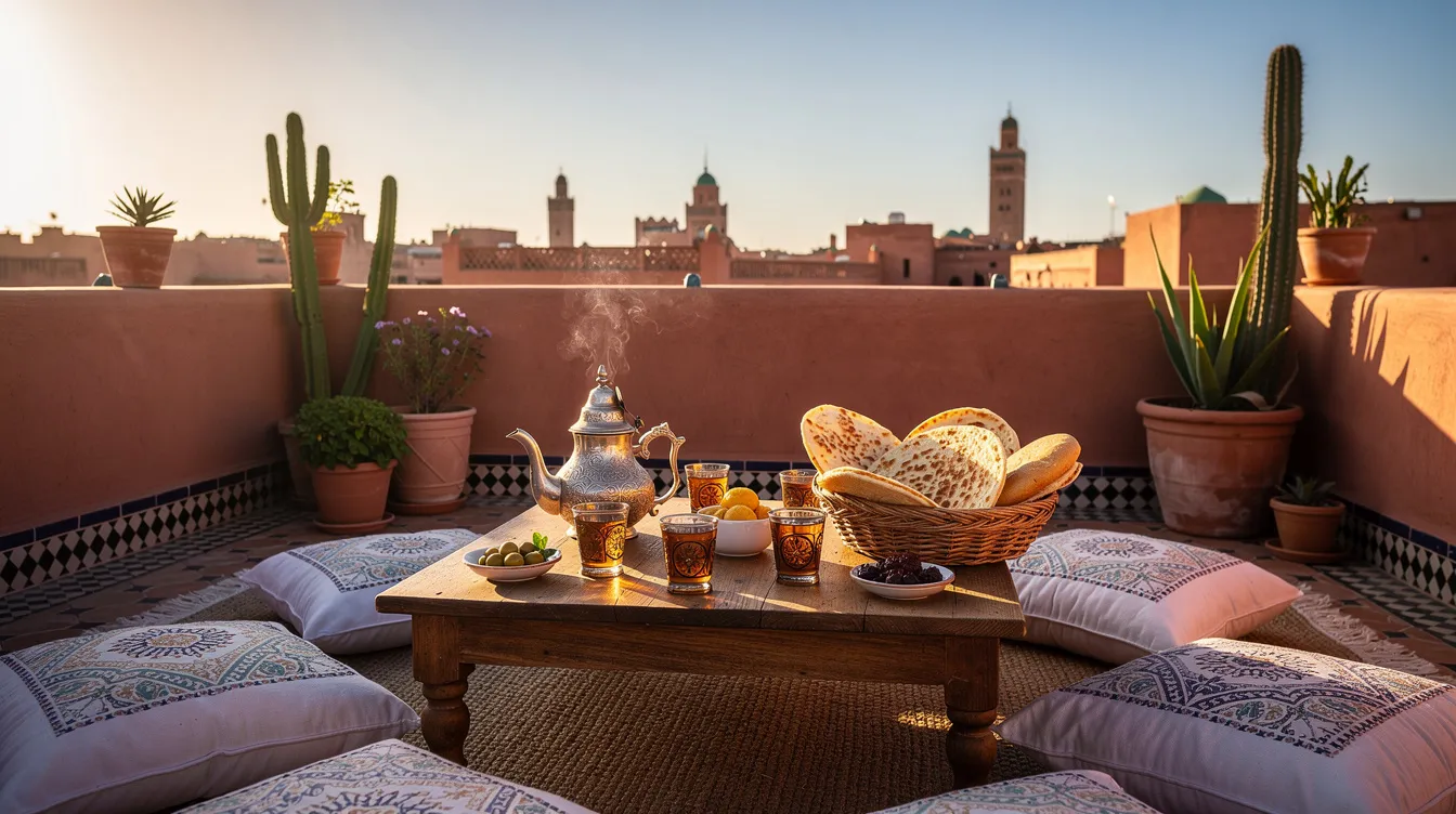 The image depicts a traditional Moroccan breakfast on a riad rooftop, featuring a beautifully arranged table with freshly baked Moroccan bread, sweet mint tea, and a variety of pastries. The scene captures the essence of Moroccan cuisine, showcasing delicious items like fried eggs, fresh orange juice, and olive oil, all set against a picturesque backdrop of the Atlas Mountains.