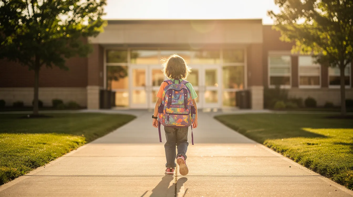 A child with a backpack is walking confidently toward a bright school entrance on a sunny morning, symbolizing the journey from school anxiety to school confidence. The scene reflects the positive school environment that supports emotional well-being and academic success for students.