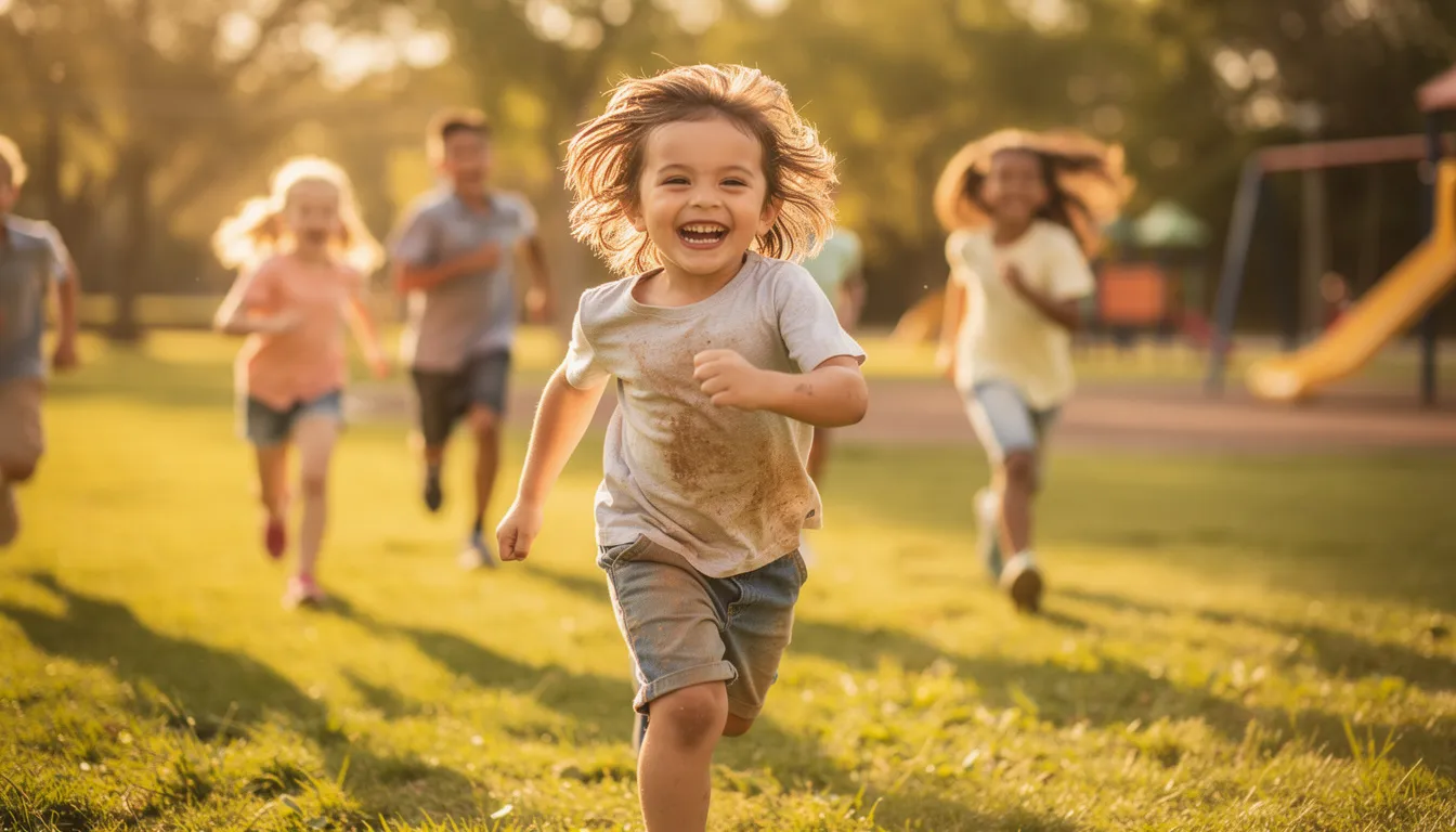 A confident young child is smiling broadly while playing outdoors with friends, showcasing a healthy smile that reflects the benefits of early orthodontic treatment. Engaging in fun activities promotes not only their social skills but also their overall dental health and self-esteem.