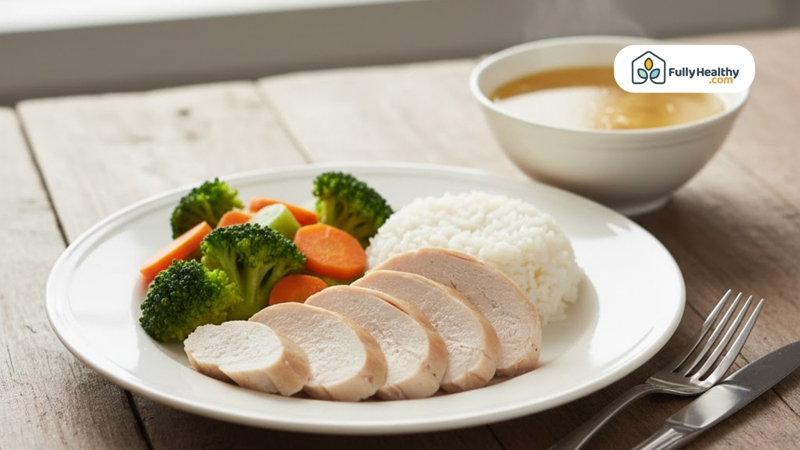 Sliced chicken breast served with rice vegetables and soup on a wooden table