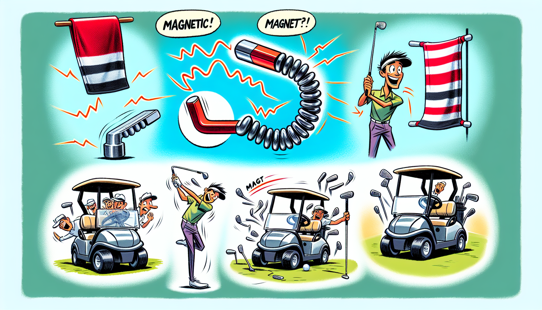 Cartoon depiction of versatile attachment options for magnetic golf towels