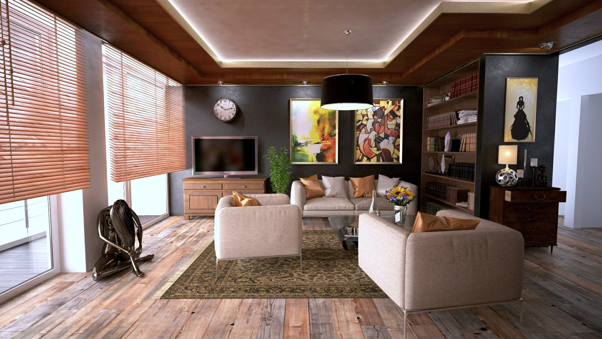 modern living room with sculpture and windows