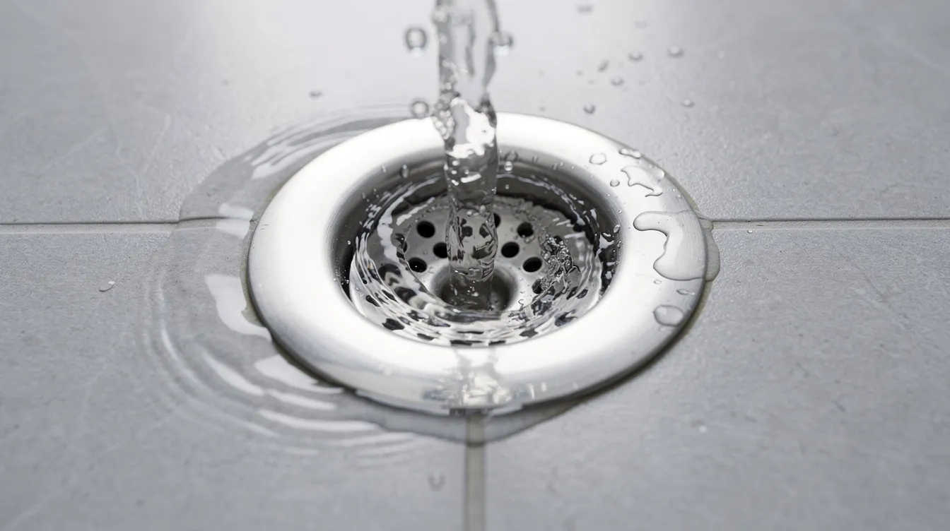 L'image montre de l'eau claire s'écoulant dans une bonde de douche en acier inoxydable, illustrant le système de plomberie de la salle de bain. On peut également distinguer des résidus et des dépôts qui se forment autour de la bonde, soulignant l'importance du nettoyage régulier pour éviter les mauvaises odeurs et les obstructions.