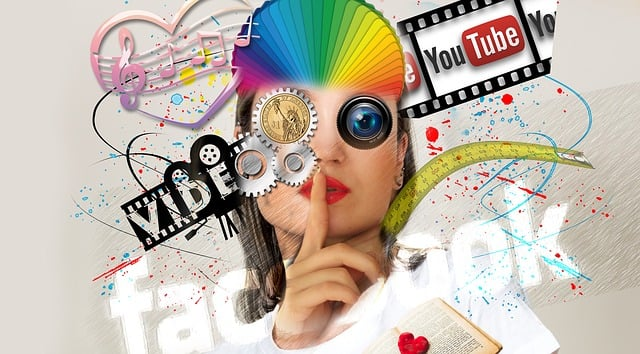 It is a conceptual art of a woman with social media, paint splash, gears, lens, color schemes and musical notes with a heart floating around her head.