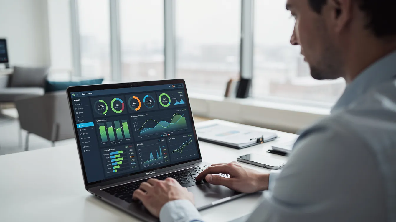 A person is seated at a modern office desk, intently reviewing digital dashboards on a laptop, showcasing various data visualizations and metrics. The setting reflects a focus on automation tools and AI capabilities, ideal for technical teams and sales teams looking to build and deploy intelligent agents.