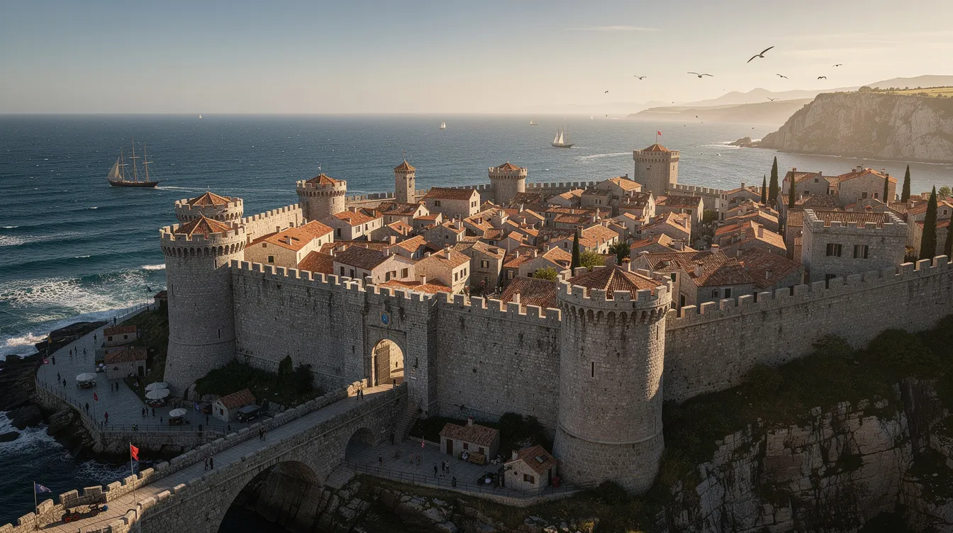 Imagem de uma vista panorâmica de uma cidade costeira medieval, com imponentes muralhas de pedra e o mar Adriático de um azul vibrante ao fundo. A arquitetura histórica reflete a rica cultura da Croácia, enquanto as montanhas ao longe completam a paisagem deslumbrante.