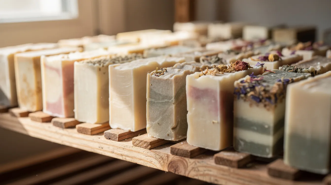 The image depicts an array of handmade soap bars curing on a rustic wooden drying rack, showcasing their varied colors and textures. This scene highlights the craftsmanship of soap makers, emphasizing the cold process method and the importance of lye ratios in achieving desirable soap qualities.