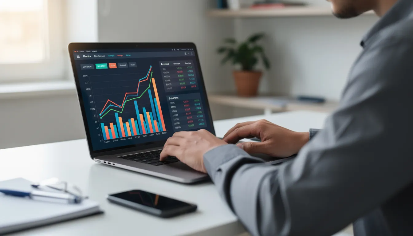 The image shows a person focused on working at a laptop, with financial data displayed on the screen, likely involving algorithmic trading strategies and real-time market data. The setting suggests a professional environment where trading algorithms and market analysis are key components of the trading process.