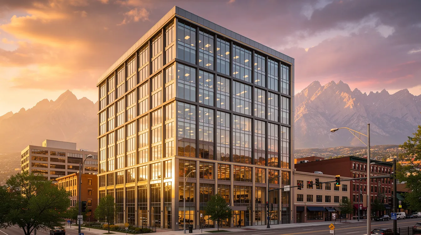 The image depicts a modern office building in Denver, framed by the majestic Rocky Mountains under a golden sunset sky, symbolizing the energy sector's growth and infrastructure development in the region. This scene reflects the vibrant energy and project finance landscape, where energy companies and investors collaborate on renewable energy and infrastructure projects.
