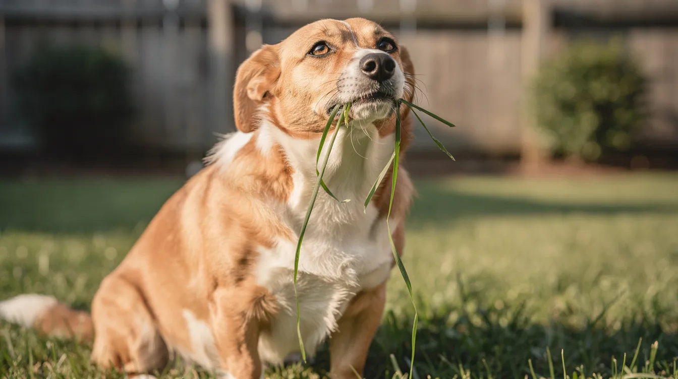 The image depicts a dog happily chewing on a patch of green grass in a sunny outdoor setting, illustrating the common behavior of dogs eating grass. This scene reflects the normal dog behavior of many furry friends, who may occasionally indulge in grass eating for various reasons related to their health and diet.