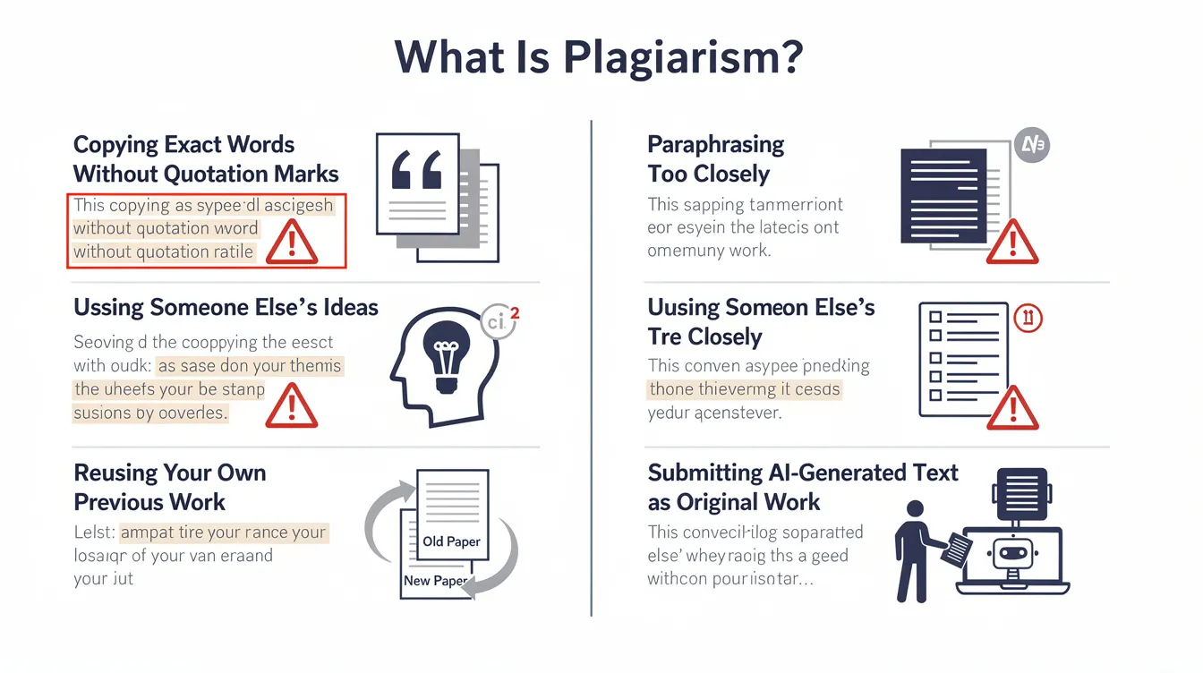 The infographic illustrates various forms of plagiarism, including copying words without quotation marks, closely paraphrasing, and using others' ideas without proper citation. It features clear sections with icons representing quotation marks, books, and warning symbols, emphasizing the importance of academic integrity and the serious consequences of unintentional and intentional plagiarism.