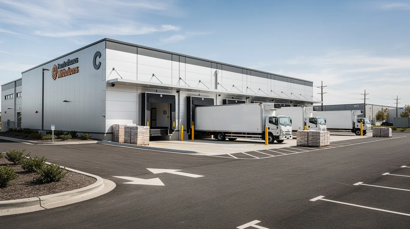 The image depicts a modern food processing warehouse exterior, featuring a loading dock with delivery trucks parked in an industrial area. This pulse processing plant is designed for operational efficiency, showcasing advanced cleaning and grading techniques for seeds and grains.
