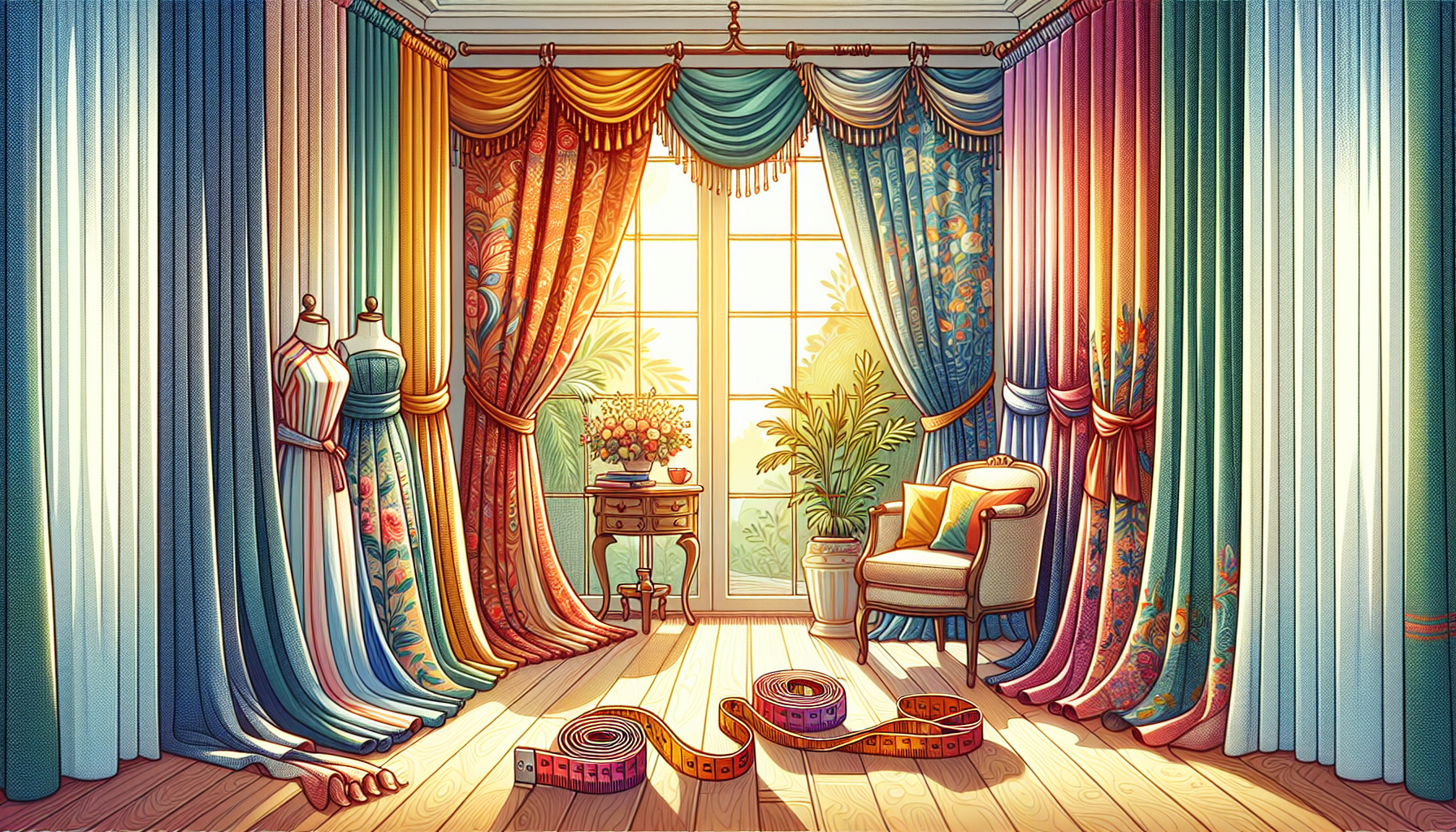 An illustration showing different curtain lengths including floor length curtains.