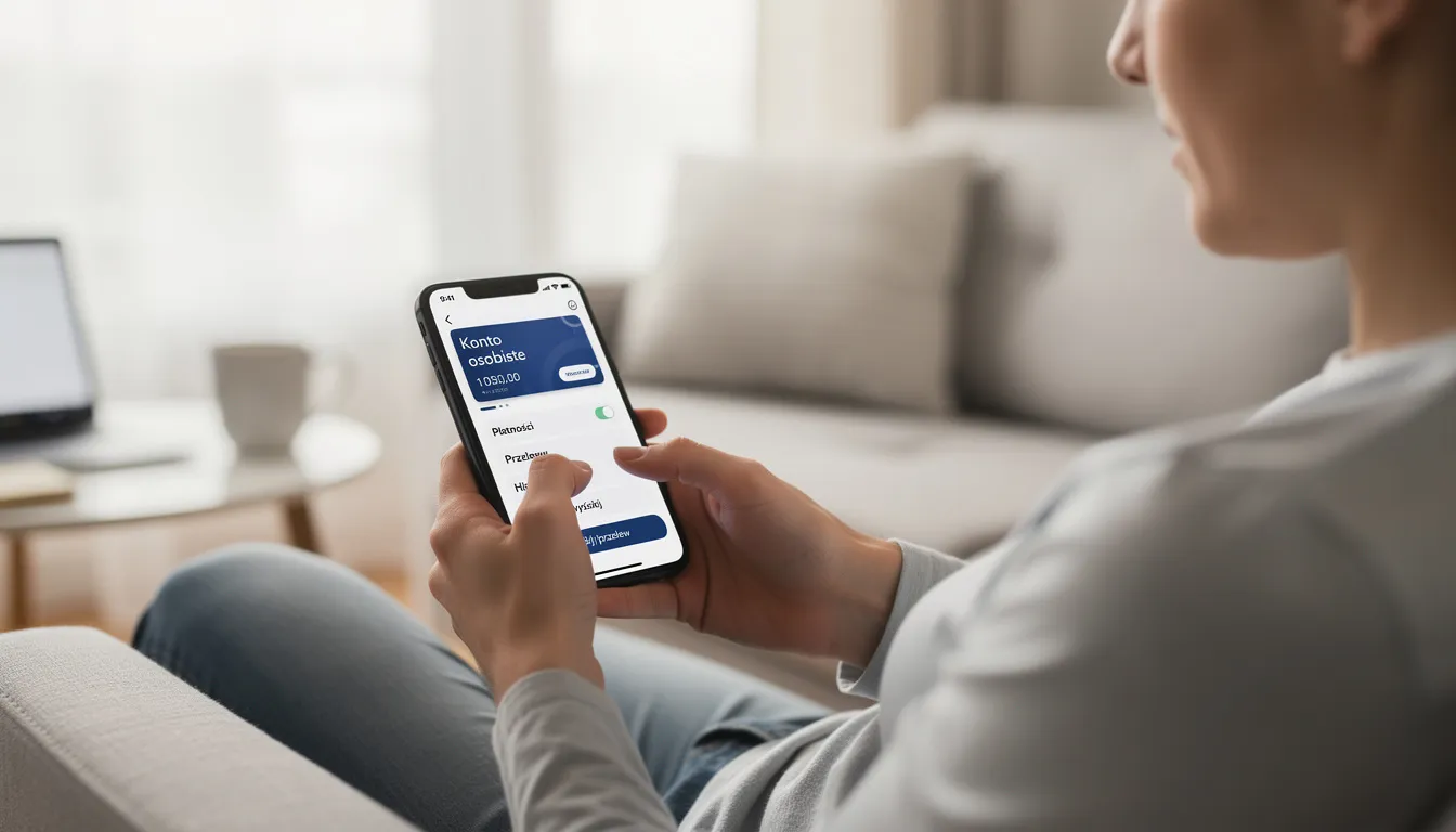 Na obrazku widoczna jest osoba korzystająca ze smartfona, na ekranie którego otwarta jest aplikacja bankowa, umożliwiająca zarządzanie rachunkiem bankowym oraz korzystanie z usług faktoringowych, takich jak sfinansowanie faktury czy odroczony termin płatności. W tle można dostrzec biuro, co sugeruje, że osoba prowadzi działalność gospodarczą.