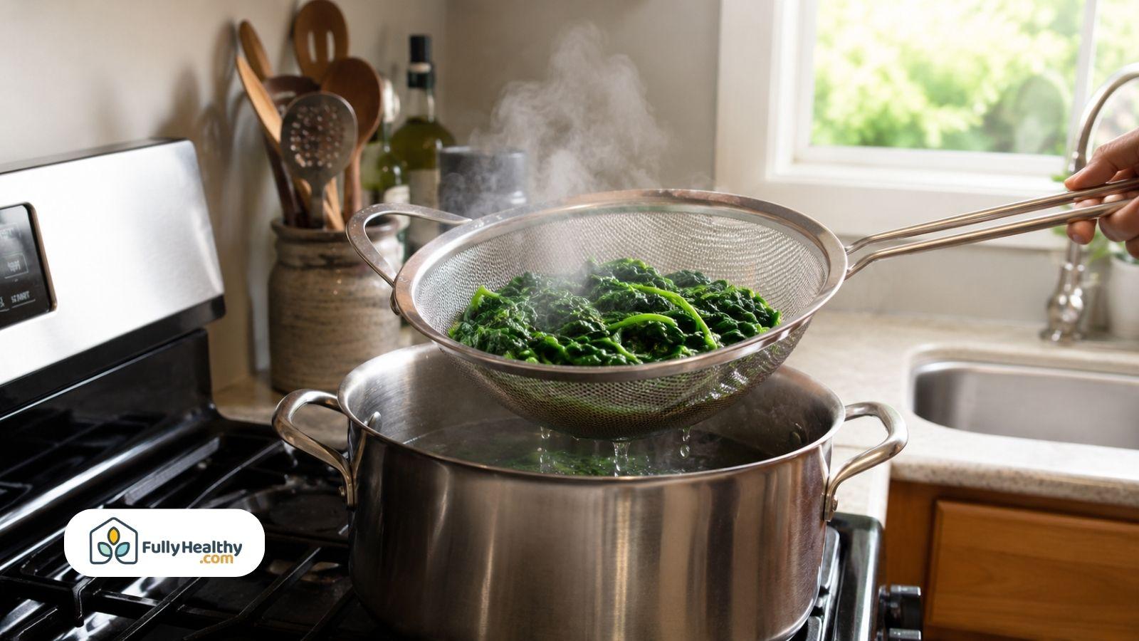 Fresh spinach being drained in a colander over steaming large pot