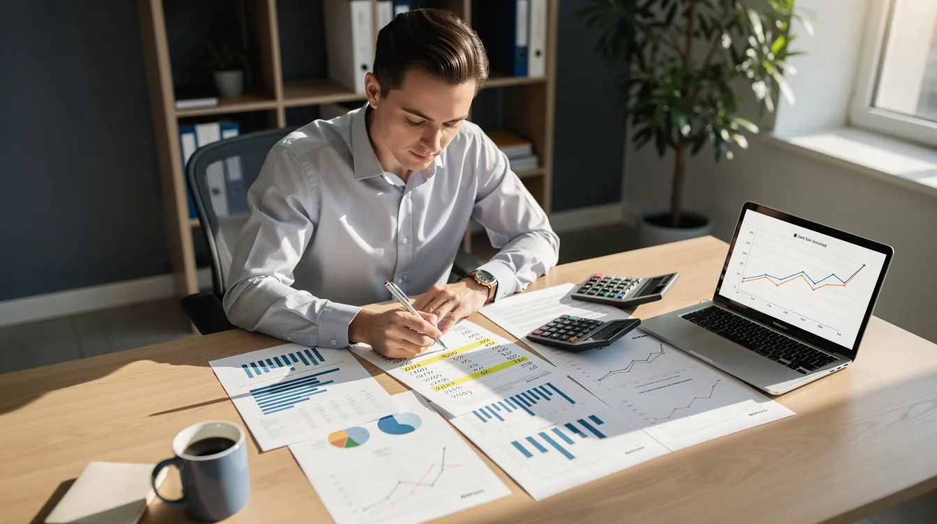 A person is seated at a desk, carefully reviewing various financial documents, which may include information about social security disability insurance (SSDI) and other disability benefits. The workspace is organized, reflecting a focus on understanding the details of their financial situation, potentially related to their monthly benefit amount or application for social security benefits.