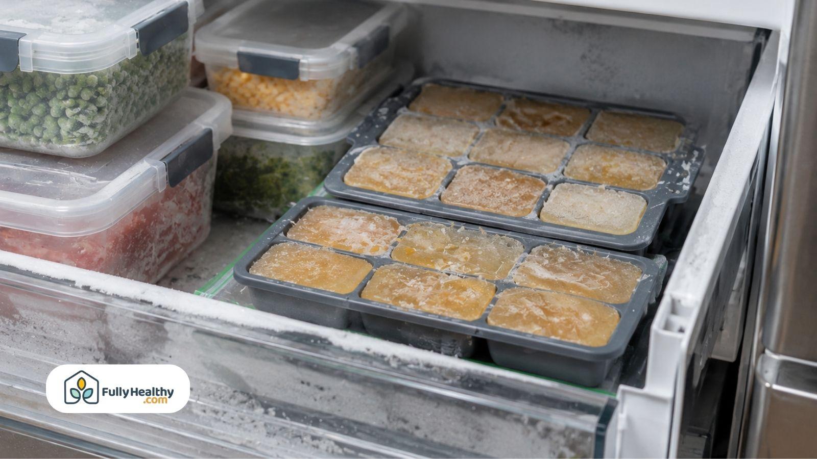 Frozen chicken broth cubes in silicone ice cube trays stored in a household freezer.