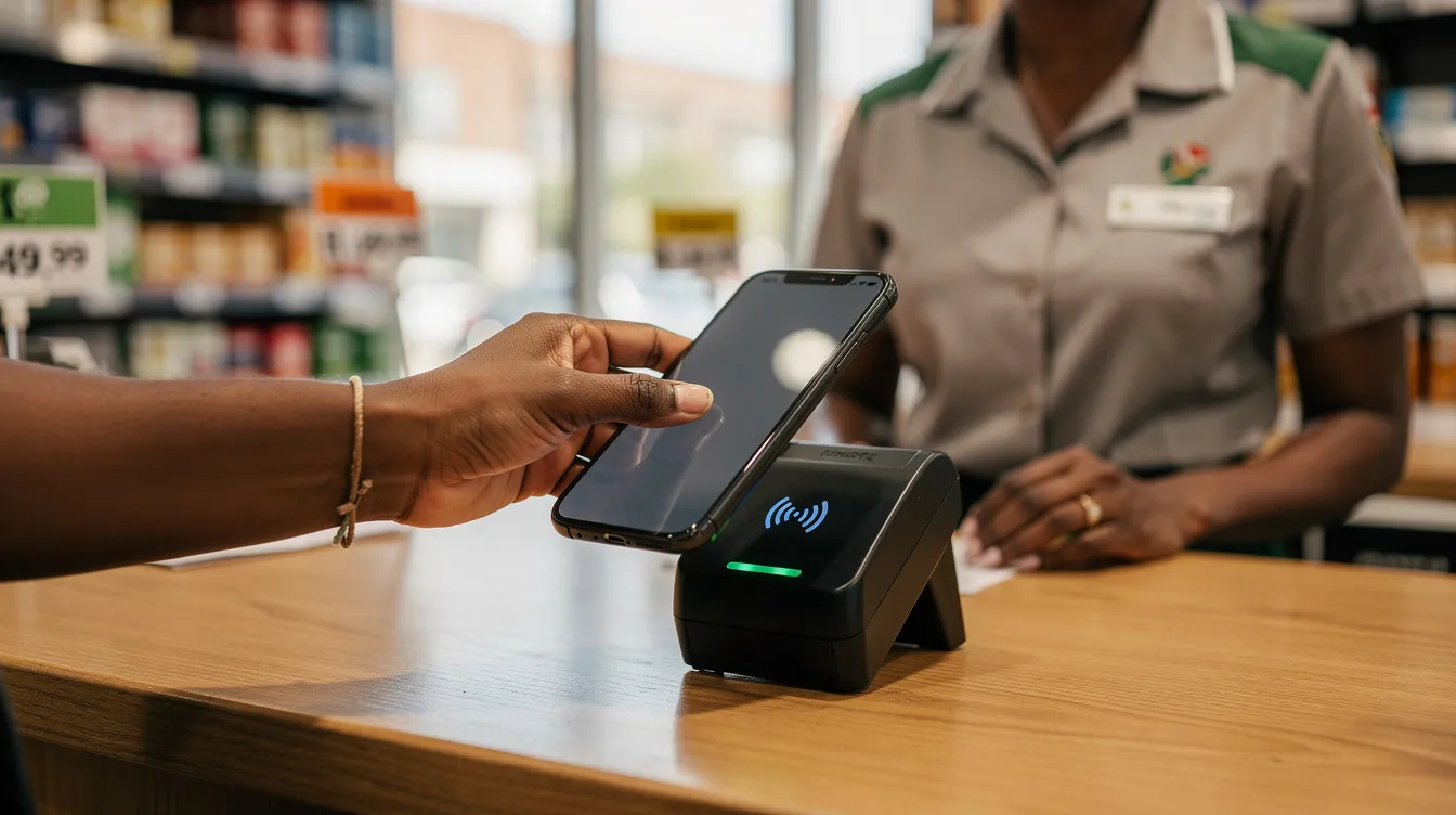 A person is using a smartphone to make a contactless payment at a retail store in South Africa, showcasing the convenience of digital wallets for everyday transactions. The mobile device interacts with the payment terminal, highlighting the growing trend of digital payments and financial inclusion in the South African market.