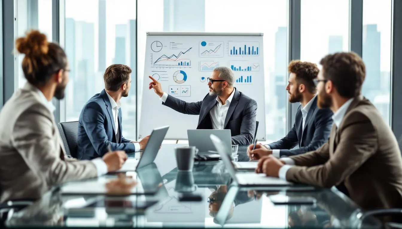 A group of business executives is seated around a conference table, engaged in a discussion about strategic planning and risk management, with a focus on key person insurance and its importance for business continuity. They are reviewing key employee roles and the potential financial impact of a key individual’s untimely death on the organization.