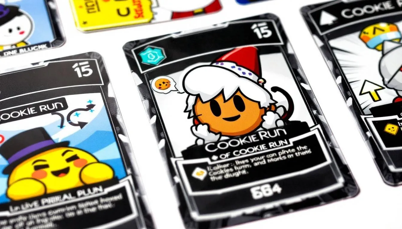 The image features a close-up view of various Cookie Run cards, showcasing their unique designs and types, such as brave adventure and starter decks. These colorful cards are part of a card game that invites players to build their decks and add items for gameplay, reflecting the vibrant style popular in South Korea and Taiwan.