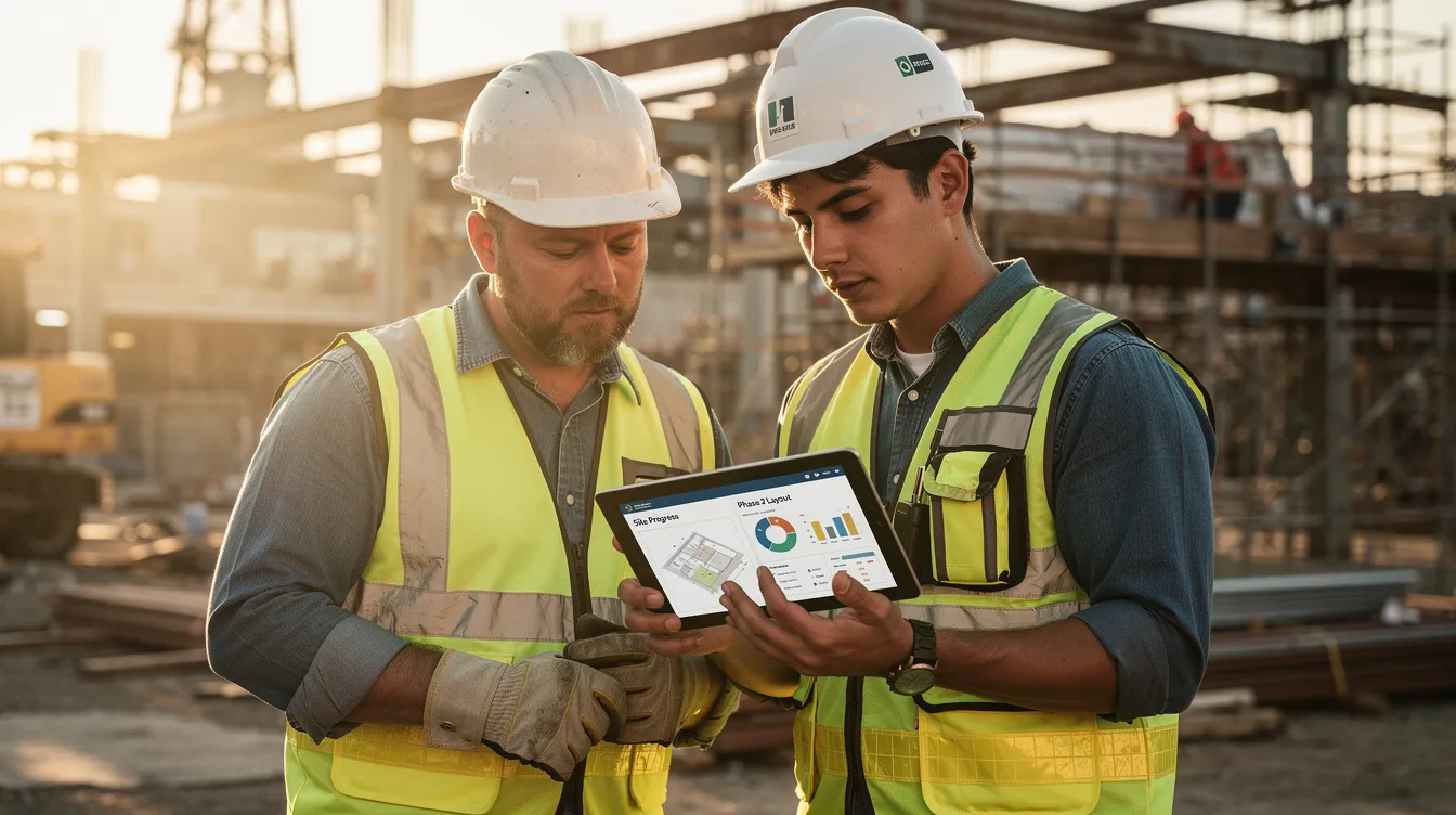 A mentor and apprentice are engaged in a discussion while reviewing work progress on a tablet at a job site, emphasizing the importance of real-time progress visibility and skill development within their apprenticeship program. This dynamic learning environment fosters the apprentice's ability to track competencies and identify areas for improvement.