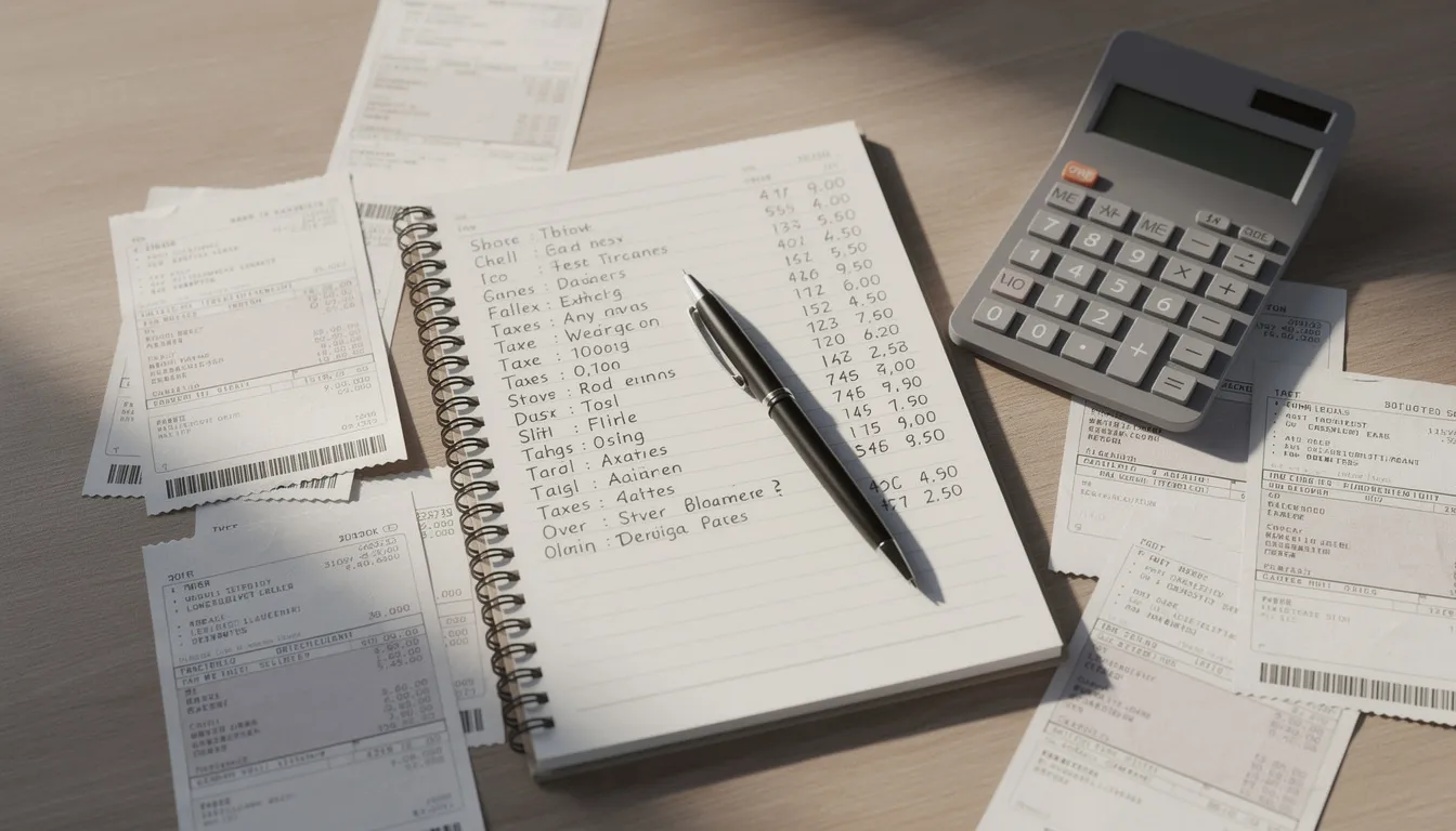 The image depicts a desk cluttered with pay stubs, a calculator, and a notebook filled with handwritten notes, suggesting a scene of retirement planning for federal employees. It reflects the complexity of calculating FERS retirement benefits, including considerations like the high 3 average salary and years of service.